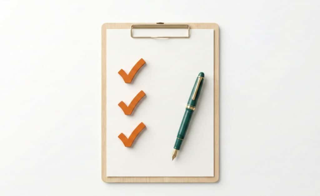 לוח כתיבה מעץ עם דף לבן, שלושה סימוני וי כתומים ועט.