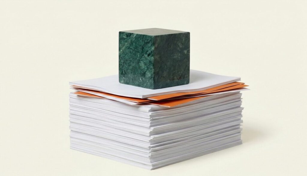 קוביית אבן כהה משמשת כמשקולת על גבי ערימת ניירות גבוהה.