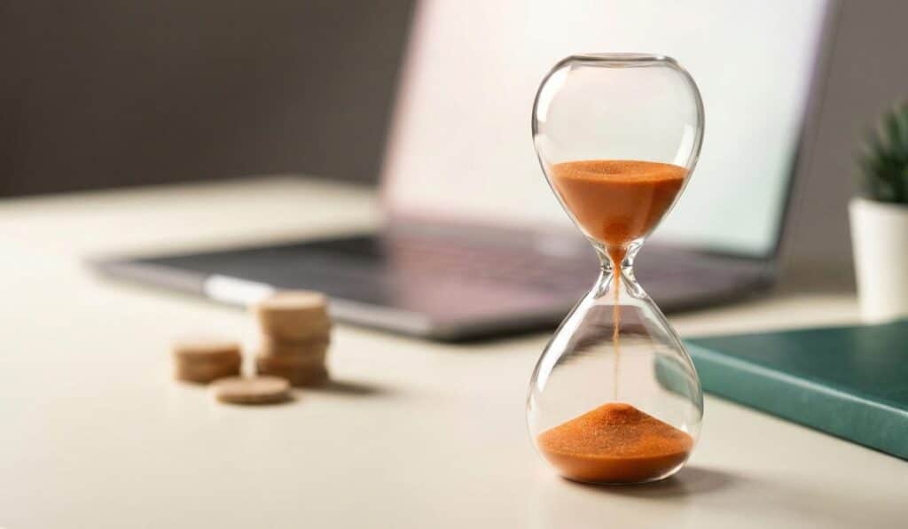 שעון חול עם חול כתום על רקע מחשב ומטבעות זהב.