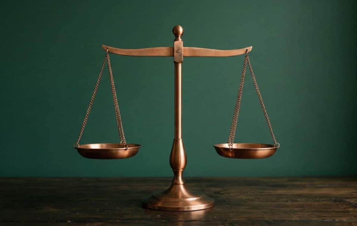 מאזני צדק עשויים מתכת. המאזניים עומדים על שולחן עץ כהה. הרקע הוא קיר צבוע בצבע ירוק יער. המאזניים מאוזנים לחלוטין.