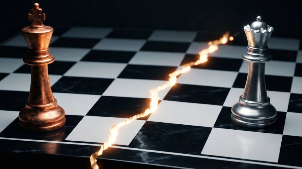 מלך ומלכה על לוח שחמט, מופרדים על ידי סדק זוהר במרכז הלוח.