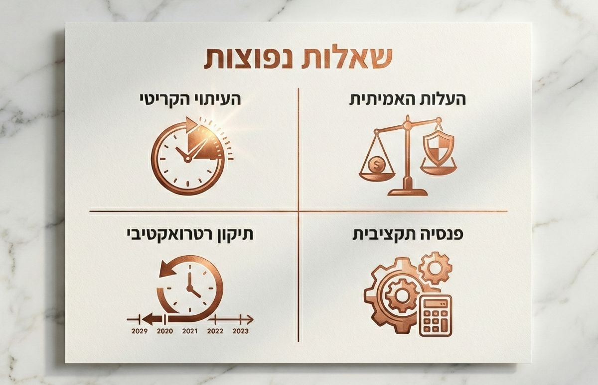 כרטיס שאלות נפוצות: עיתוי קריטי, עלות אמיתית, תיקון רטרואקטיבי ופנסיה תקציבית, בליווי אייקונים תואמים.
