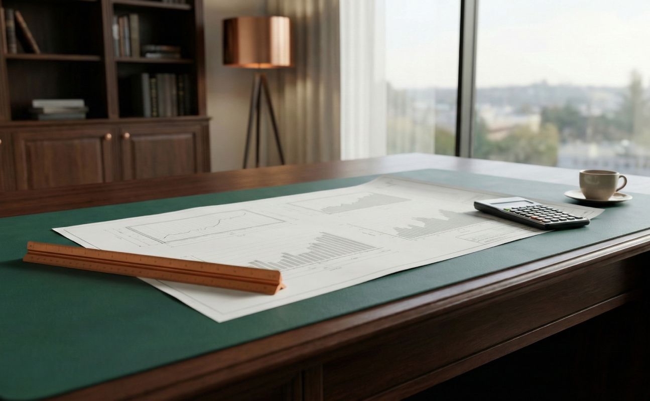 שולחן עבודה עם תרשימים פיננסיים, סרגל, מחשבון וספל קפה על רקע חלון מואר.