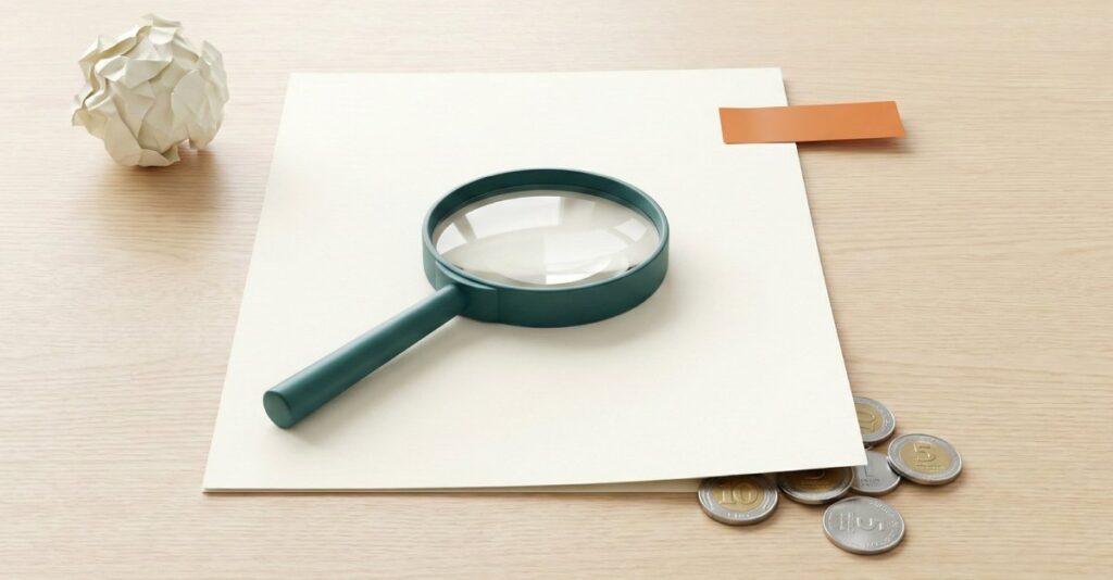 זכוכית מגדלת ירוקה מונחת על דף, שלצידו מטבעות ונייר מקומט.