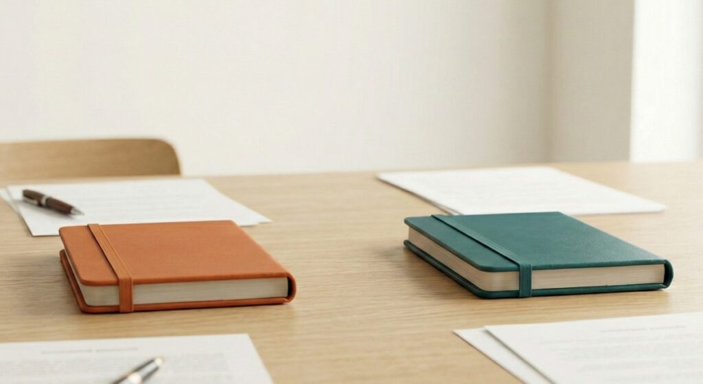 שולחן עץ בהיר שעליו מונחות שתי מחברות סגורות (אחת כתומה ואחת ירוקה), לצד מסמכים מפוזרים ושני עטים