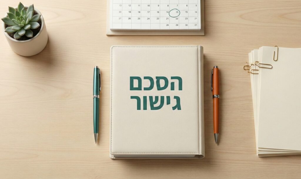 על שולחן עץ מונח במרכז ספר בהיר שעליו הרישום "הסכם גישור", ולצידו שני עטים, לוח שנה, עציץ קטן וערימת דפים משרדיים עם אטבים.