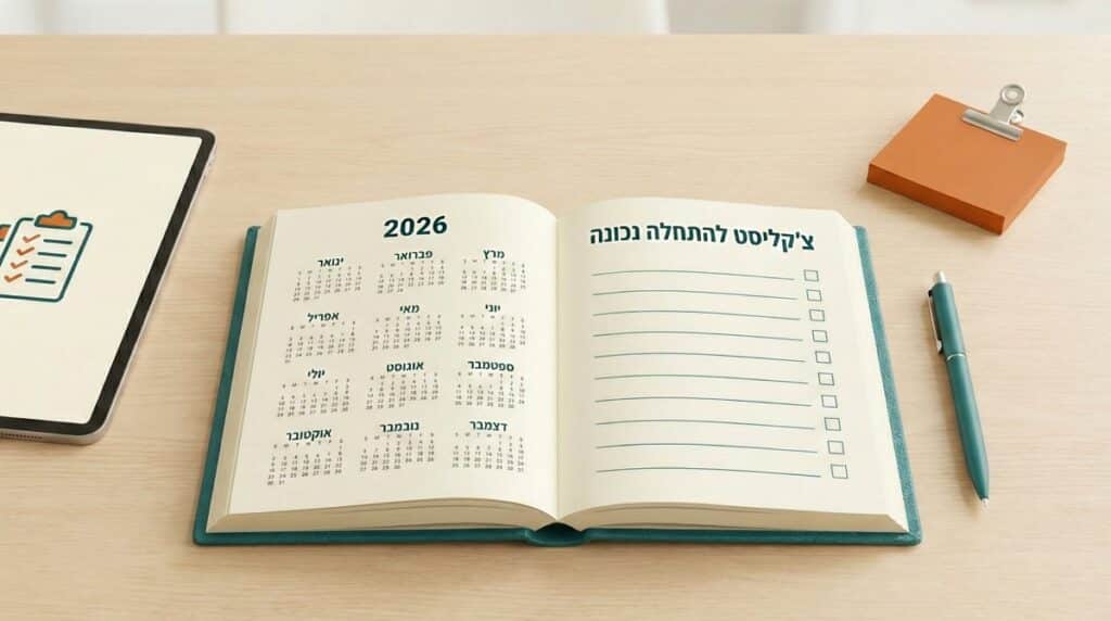 על שולחן עץ מונח יומן פתוח המציג לוח שנה לשנת 2026 ורשימת משימות ריקה שכותרתה "צ'קליסט להתחלה נכונה", ולצידו טאבלט, עט כחול ובלוק פתקיות כתום.