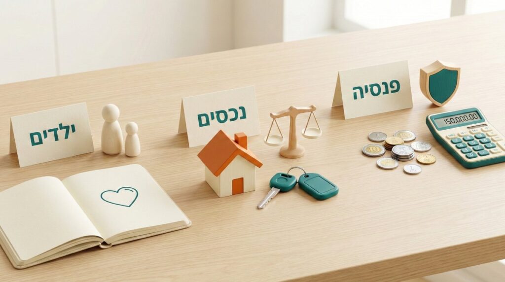 על שולחן עץ כרטיסיות "ילדים", "נכסים" ו"פנסיה", לצד פריטים סמליים כמו בית, בובות ומטבעות.