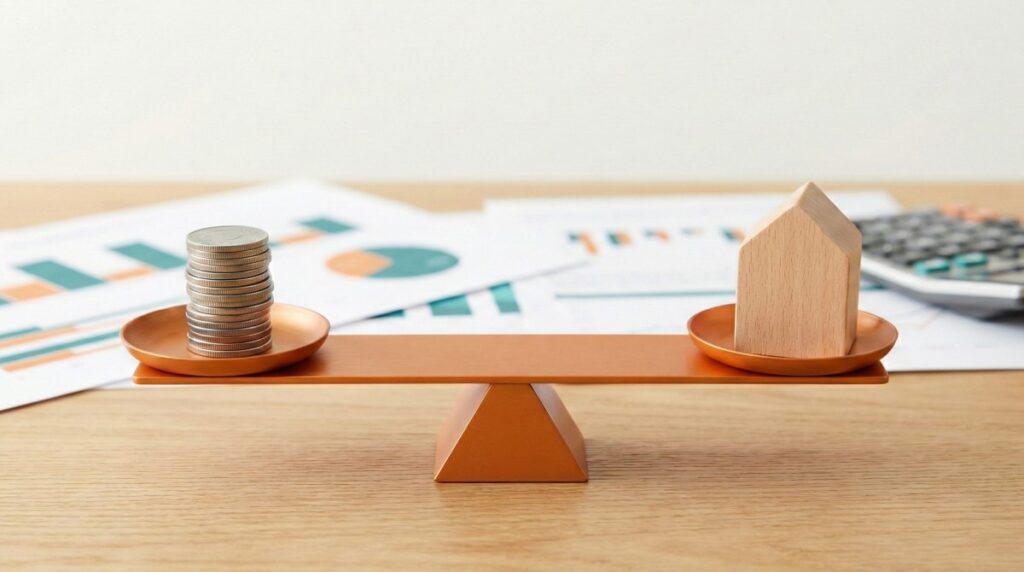 על שולחן עץ מונחים מאזניים כתומים שעליהם מאוזנים ערימת מטבעות מול דגם עץ קטן של בית, כשברקע מפוזרים מסמכים עם תרשימים פיננסיים ומחשבון.