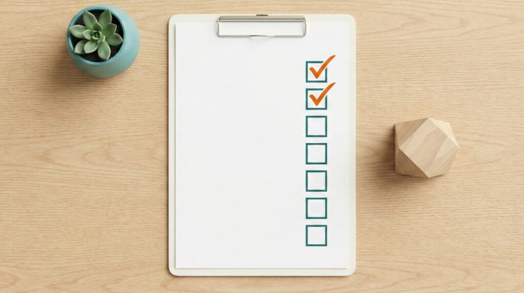 על שולחן עץ מונח לוח כתיבה עם דף לבן הכולל רשימת תיוג של שבע משבצות (שתי העליונות מסומנות ב-V כתום), כשלצידו עציץ סוקולנט קטן וקישוט עץ גיאומטרי.